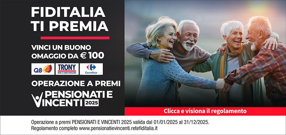 SOLUZIONI FINANZIARIE DI BREGA MASCIA Fiditalia | JESI, Ancona | Fiditalia ti premia - Vicni un omaggio da €100. Operazione a premi. Clicca e visiona il regolamento. Operazione a premi PENSIONATI E VINCENTI 2025 valida dal 01/01/2025 al 31/12/2025. Regolamento completo www.pensionatievincenti.retefiditalia.it